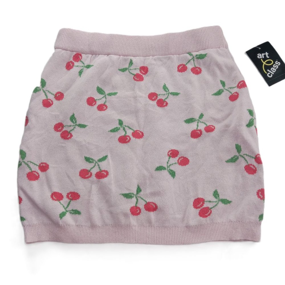 Art Class Girls Knit Sweater Skirt Size Large 10/12 Barely Pink Cherry Print